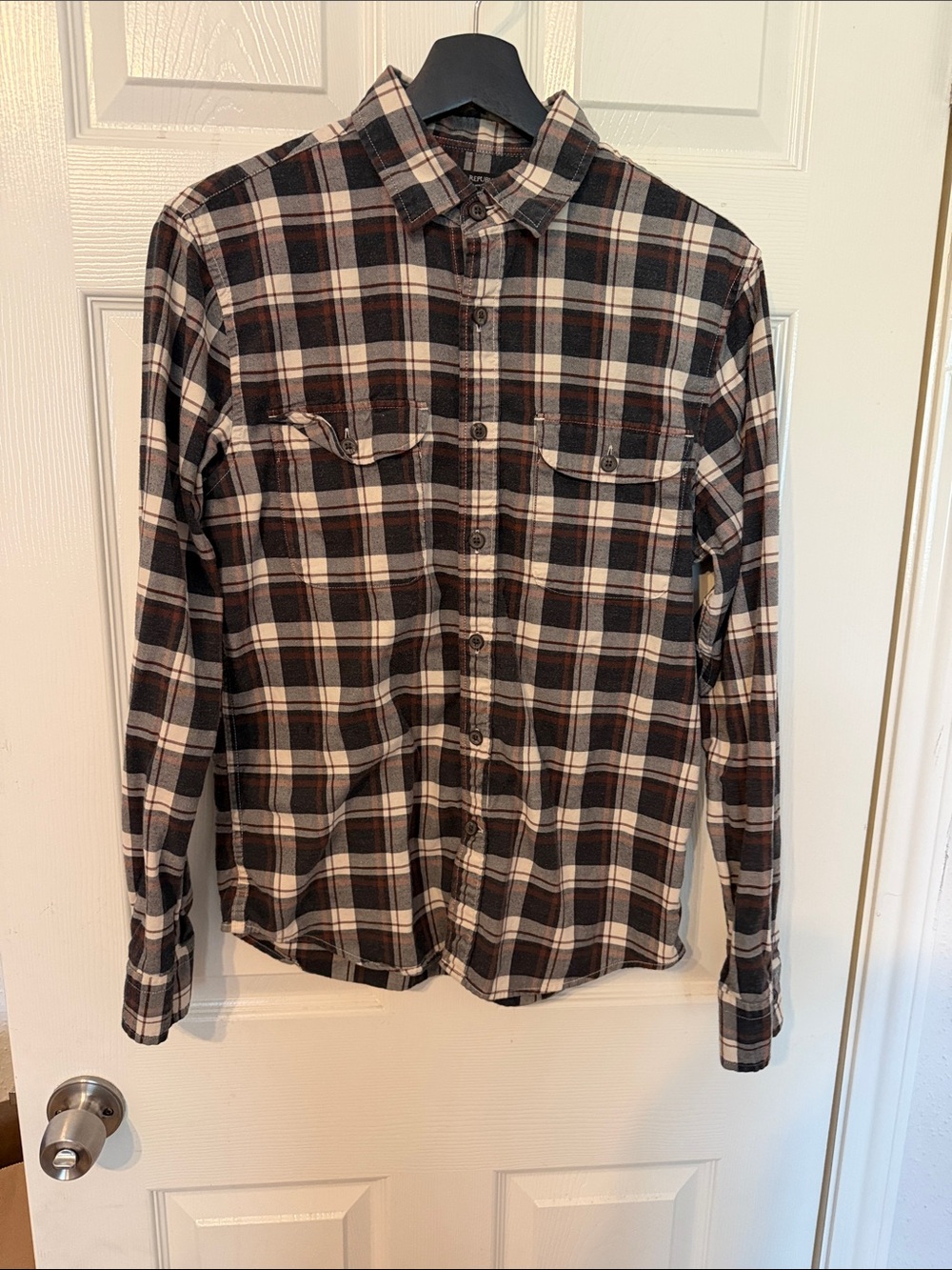Banana Republic Black, Brown and Cream Plaid Button-Down Shirt